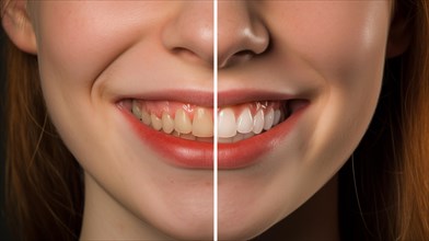 Young adult girl showing her beautiful before and after teeth whitening smile