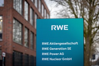 A sign of the company RWE at their headquarters in Essen