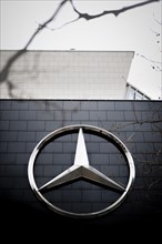 A Large Mercedes Star hangs on the Mercedes Benz Arena in Berlin. 04.02.2022.