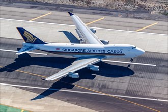 A Singapore Airlines Cargo Boeing 747-400F aircraft with registration number 9V-SFQ at Los Angeles Airport