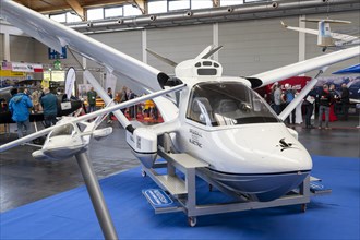 Ultralight class flying boat with hybrid drive and folding wing from the Italian manufacturer Novotech. International Trade Fair for General Aviation AERO Friedrichshafen 2023