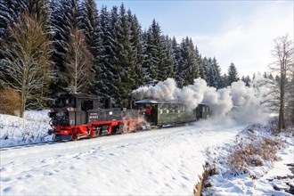 Pressnitztalbahn railway steam train Steam locomotive in winter in Joehstadt