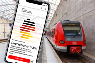 Germany ticket D-ticket or 49 euro ticket on a mobile phone with regional train Regional train photo montage in Cologne