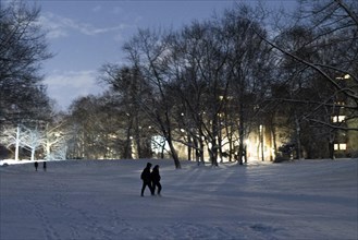 People walking in the Volkspark Wilmersdorf after a light snow storm in Berlin