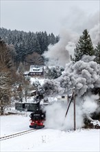 Pressnitztalbahn railway steam train Steam locomotive in winter in Schmalzgrube