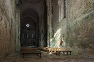 Interior of the fortified Romanesque abbey church in the medieval village Saint-Amand-de-Coly