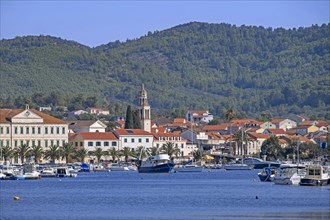 St. Joseph church and harbour of the little town Vela Luka on the island Kor? ula in the Adriatic Sea