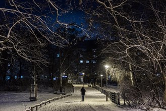 A person walks through the Volkspark Wilmersdorf after a light snow storm in Berlin