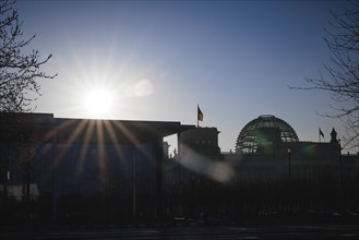 The Reichstag building and the Paul Loebe House taken in the morning in Berlin. 16.03.2022.