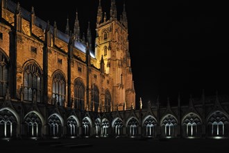 The Great Cloister and Bell Harry Tower of the Canterbury Cathedral at night