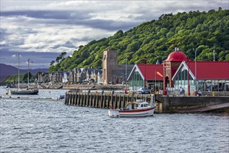 North Pier with Ee-Usk seafood restaurant and St Columba's Cathedral and Oban
