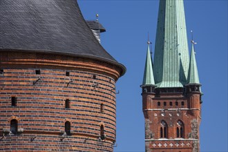 St. Petri-Church and Holstentor Holstein Gate in the Hanseatic town Luebeck