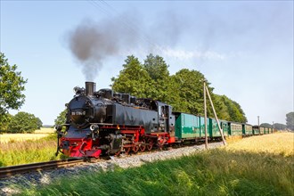 Steam train Rasender Roland railway steam locomotive on the island of Ruegen in Beuchow