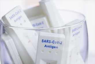 Negative SARS-CoV-2 Rapid Ag Antigen rapid tests are in a jar. Berlin
