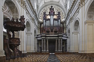 Pipe organ and pulpit of the St Aubin's Cathedral at Namur