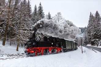 Pressnitztalbahn railway steam train Steam locomotive in winter in Joehstadt