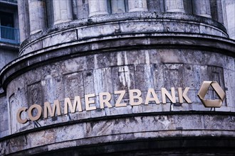 A Commerzbank lettering is seen above the entrance of a branch in Duesseldorf
