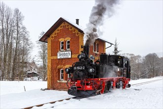 Steam train of the Pressnitztalbahn railway Steam locomotive in winter in Steinbach