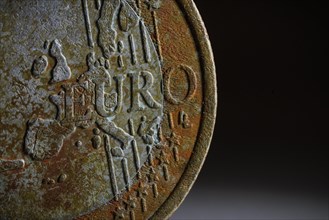 Symbol photo: Weathered euro lettering on a euro coin.Berlin