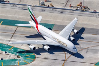 An Emirates Airbus A380-800 with registration number A6-EVL at Los Angeles Airport
