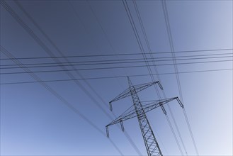 Electricity pylons silhouetted against a blue sky in Kaden