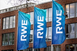 Flags of the company RWE at their headquarters in Essen