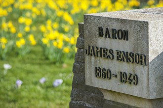 Tombstone of the painter James Ensor at the graveyard of the church Onze-Lieve-Vrouw-ter-Duinen