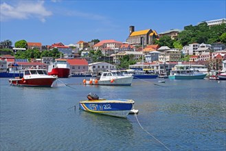 Waterfront and Roman Catholic Cathedral of the capital city St. George's on the west coast of the island of Grenada in the Caribbean Sea