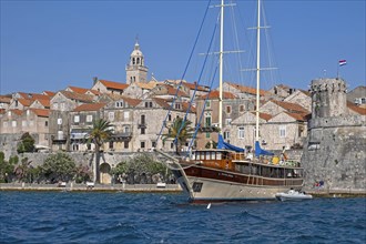 Sailing yacht Tajna Mora moored in the Old Town along the Adriatic Sea on the island Kor? ula