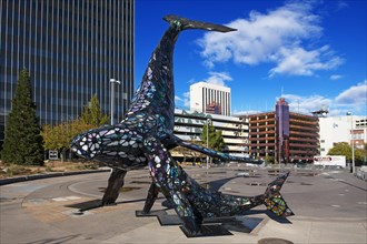 Space Whales artwork in front of City Hall