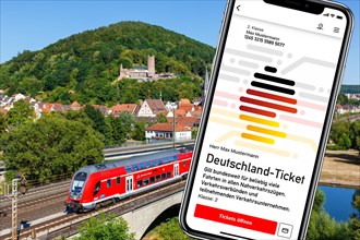 Deutschland-Ticket D-Ticket or 49 euro ticket on a mobile phone with a regional train of Deutsche Bahn DB Photomontage in Gemuenden am Main