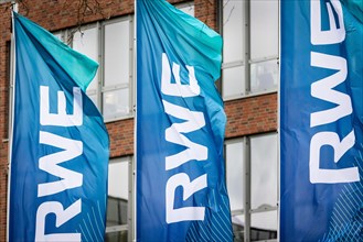 Flags of the company RWE at their headquarters in Essen