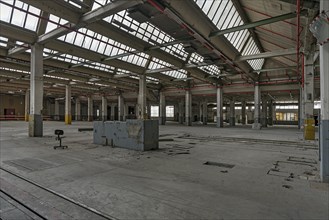 Empty production hall with Sched roofs of a former paper factory