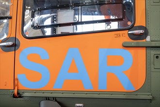 Detailed view of a rescue helicopter with the inscription SAR for Search and Rescue