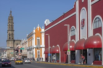 Main shopping street and Neo-Gothic Immaculate Conception Cathedral in the city centre of Tepic