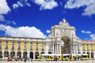 Tramway in front of the Arc de Triomphe Arco da Rua Augusta