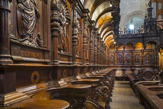 Elaborately carved wooden choir stalls in the Cathedrale Notre-Dame de Saint-Bertrand-de-Comminges cathedral