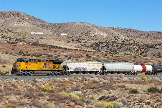 Union Pacific Railroad goods train at Cajon Pass near Los Angeles