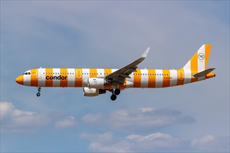 An Airbus A321 aircraft of Condor with the registration D-AIAD at Frankfurt Airport