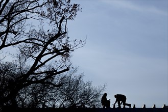 Two craftsmen silhouetted on a building site in Berlin