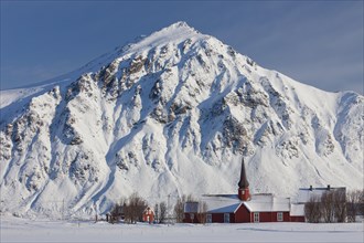 Flakstad church in the snow in winter