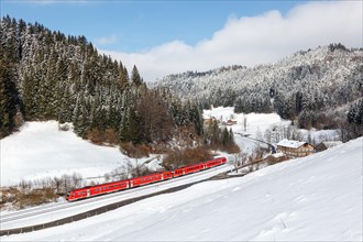 Regional train of Deutsche Bahn DB Bombardier Transportation RegioSwinger tilting technology in Allgaeu Bavaria in Oberstaufen