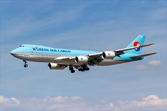 A Korean Air Cargo Boeing 747-8F aircraft with registration number HL7629 at Frankfurt Airport