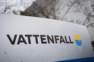 The lettering of the Vattenfall company at their site in Berlin. 04.02.2022.