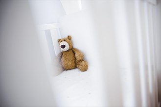 Symbolic photo on the subject of wanting a child. A teddy bear sits in an empty cot. Berlin