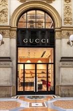 Shop window of the luxury shop GUCCI in Galleria Vittorio Emanuele II