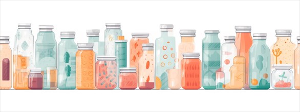 Seamless tileable rows of medicine and drug bottles with pills on a white background