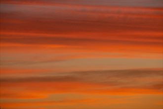 Evening reddish orange cloud structures against blue sky