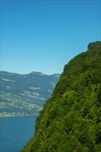 Aerial View over Lake Lucerne and Mountain Peak with an Elevator in a Sunny Day in Burgenstock
