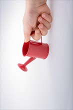 Hand holding a watering can on a white background